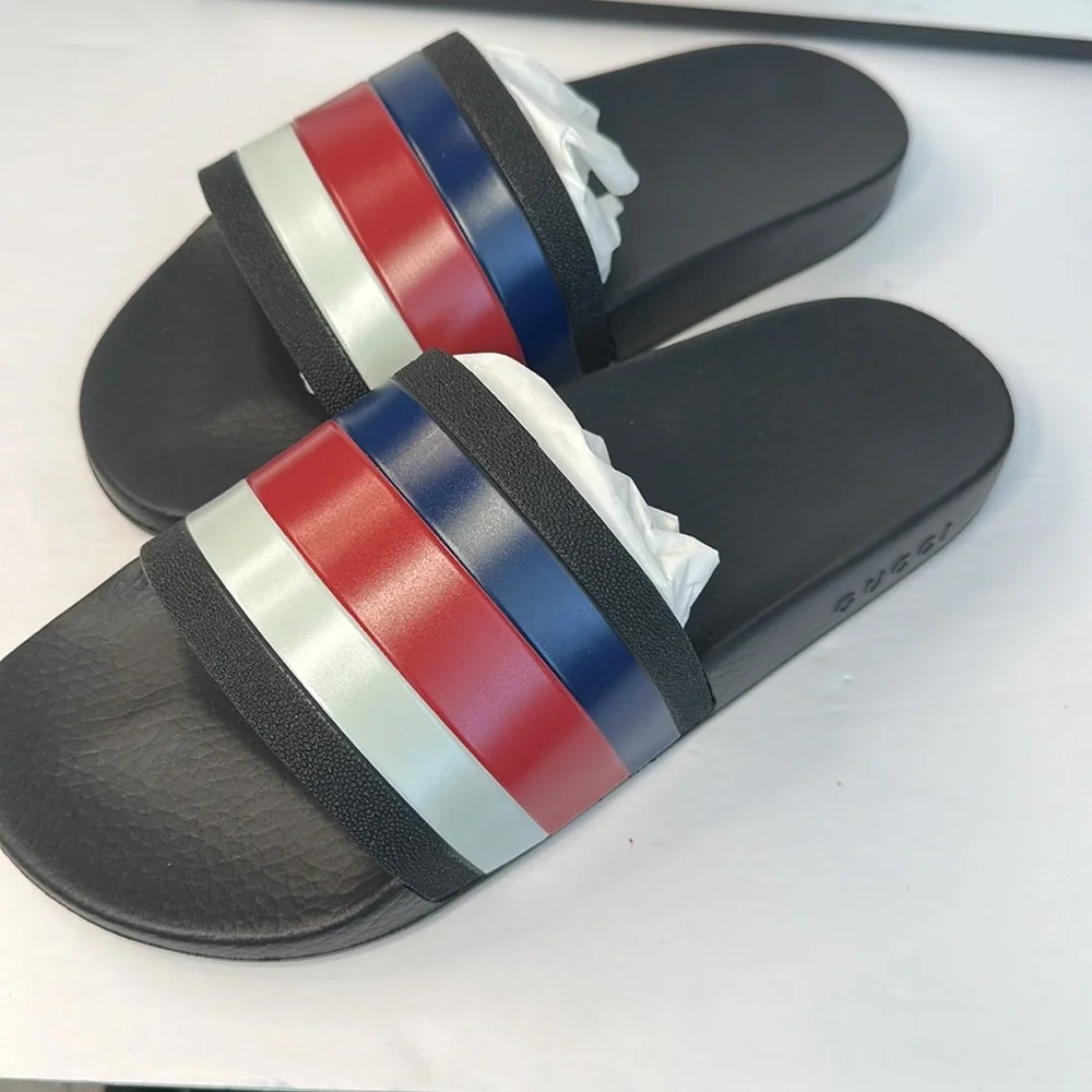 New 💯Authentic GUCCI WEB RUBBER SLIDE IN BLACK/Blue / Red &White Sandals